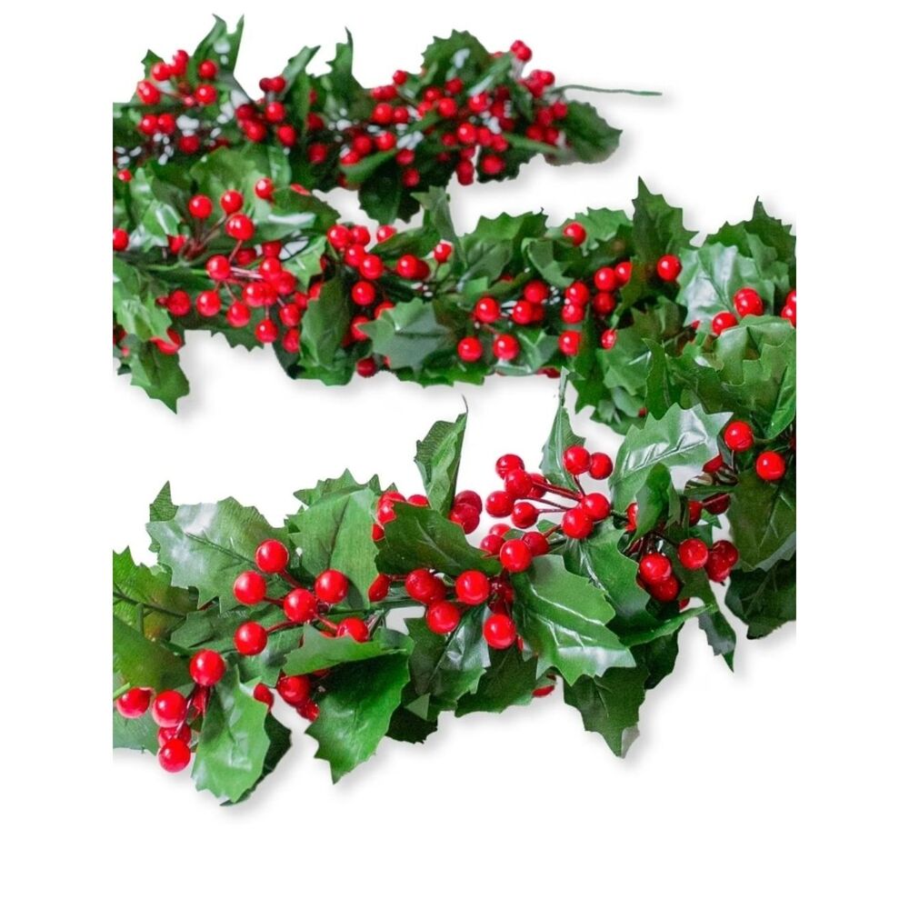 2 Pieses Red Berry and Green Holly Garland,6 1/2 Feet Each